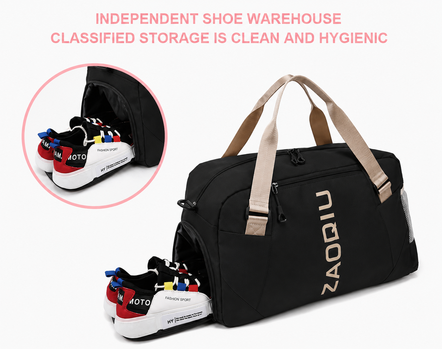 Black-ZAQIU Weekender Travel Bag With Shoe Compartment - Image 5